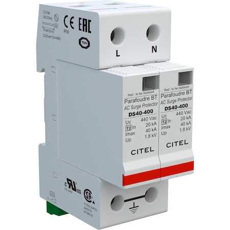 Citel DS42S-400, AC Din Rail Protector, 400/230. 2ph 2W+G, 40kA Imax, UL1449 Type 4CA DS42S-400